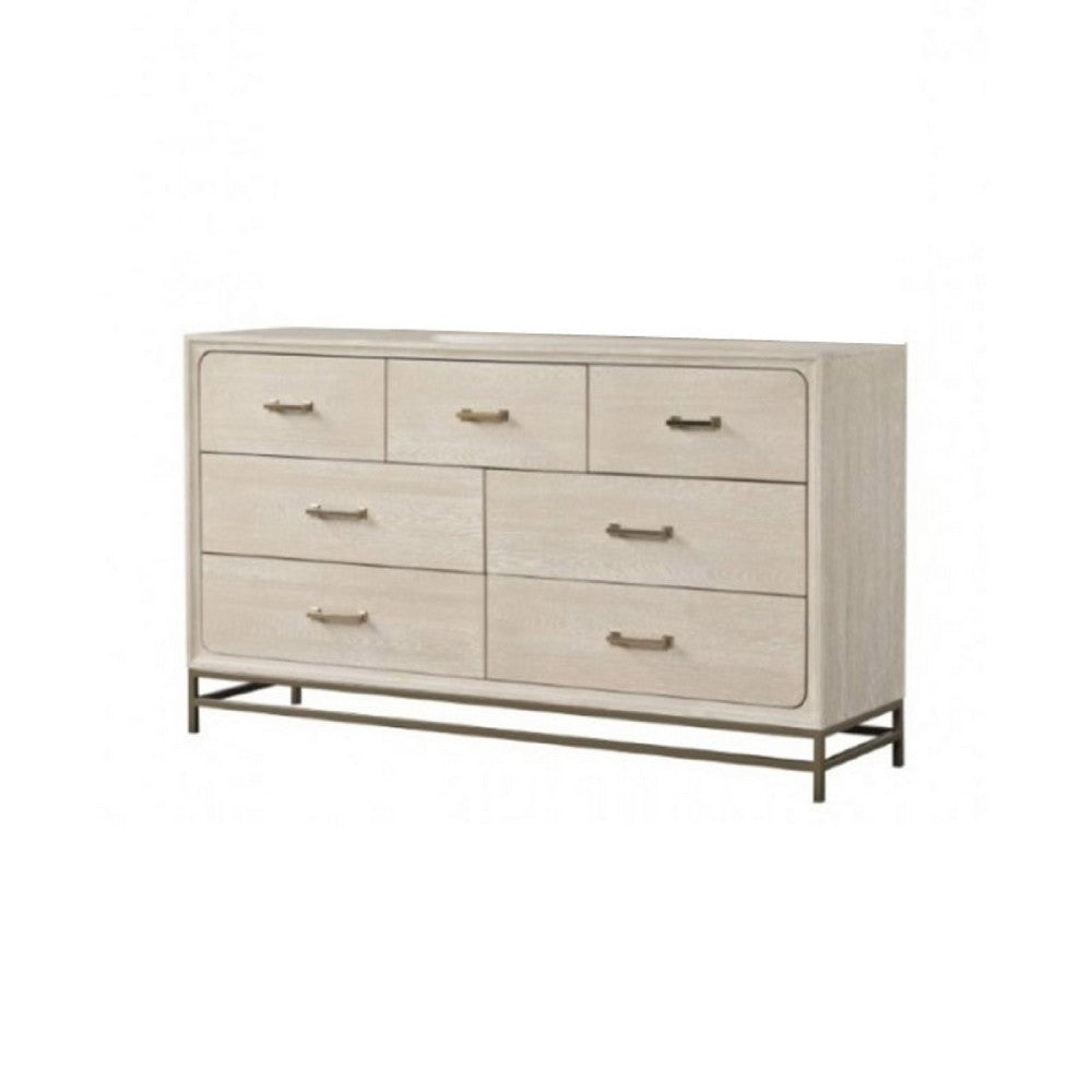 Rozie Wide Dresser with 7 Drawers | Light Oak Brown Solid Wood | Gold