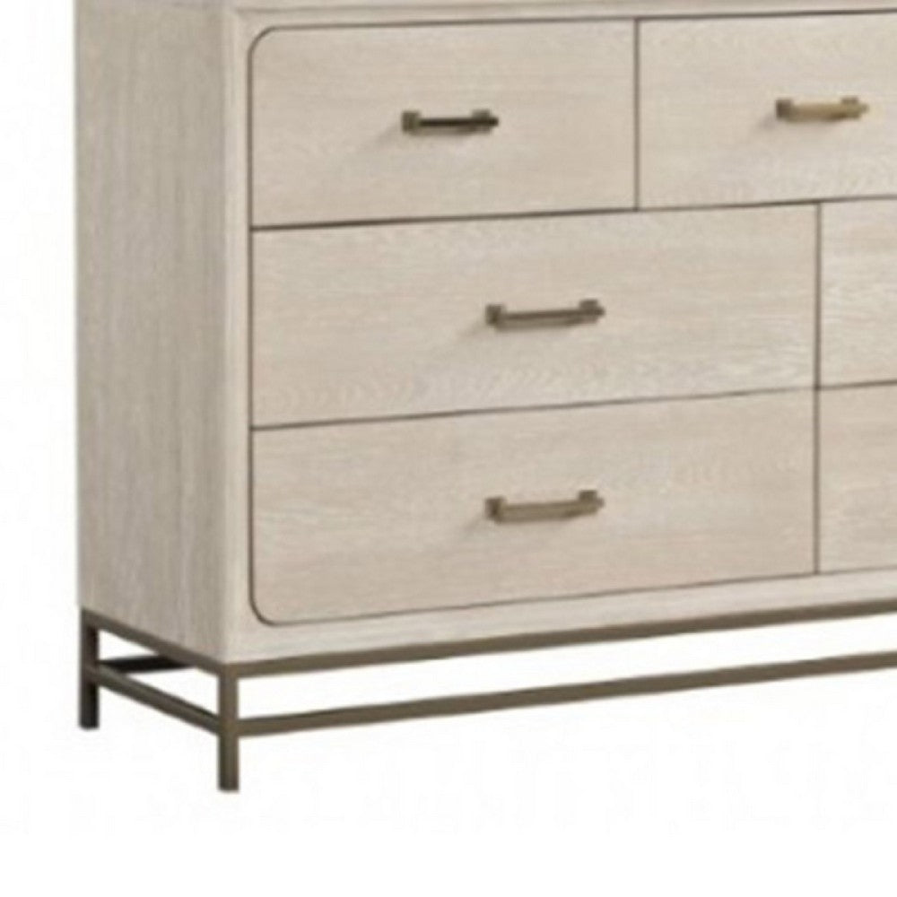 Rozie Wide Dresser with 7 Drawers | Light Oak Brown Solid Wood | Gold