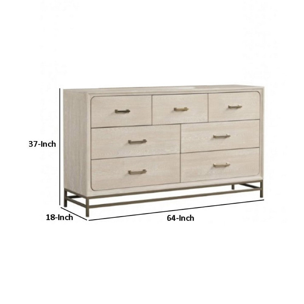 Rozie Wide Dresser with 7 Drawers | Light Oak Brown Solid Wood | Gold