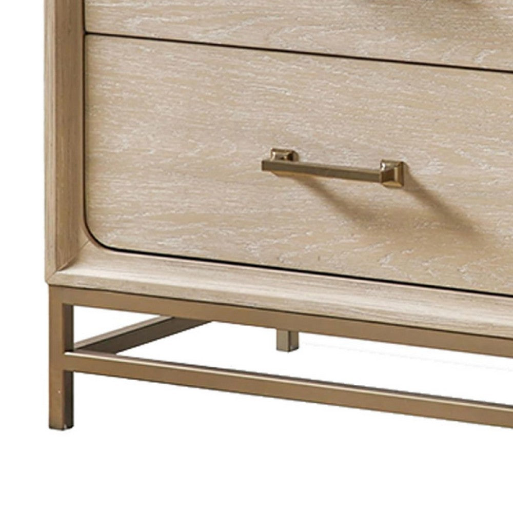 Rozie Nightstand | 2 Drawers | Metal Legs | Light Oak Brown Wood 27"