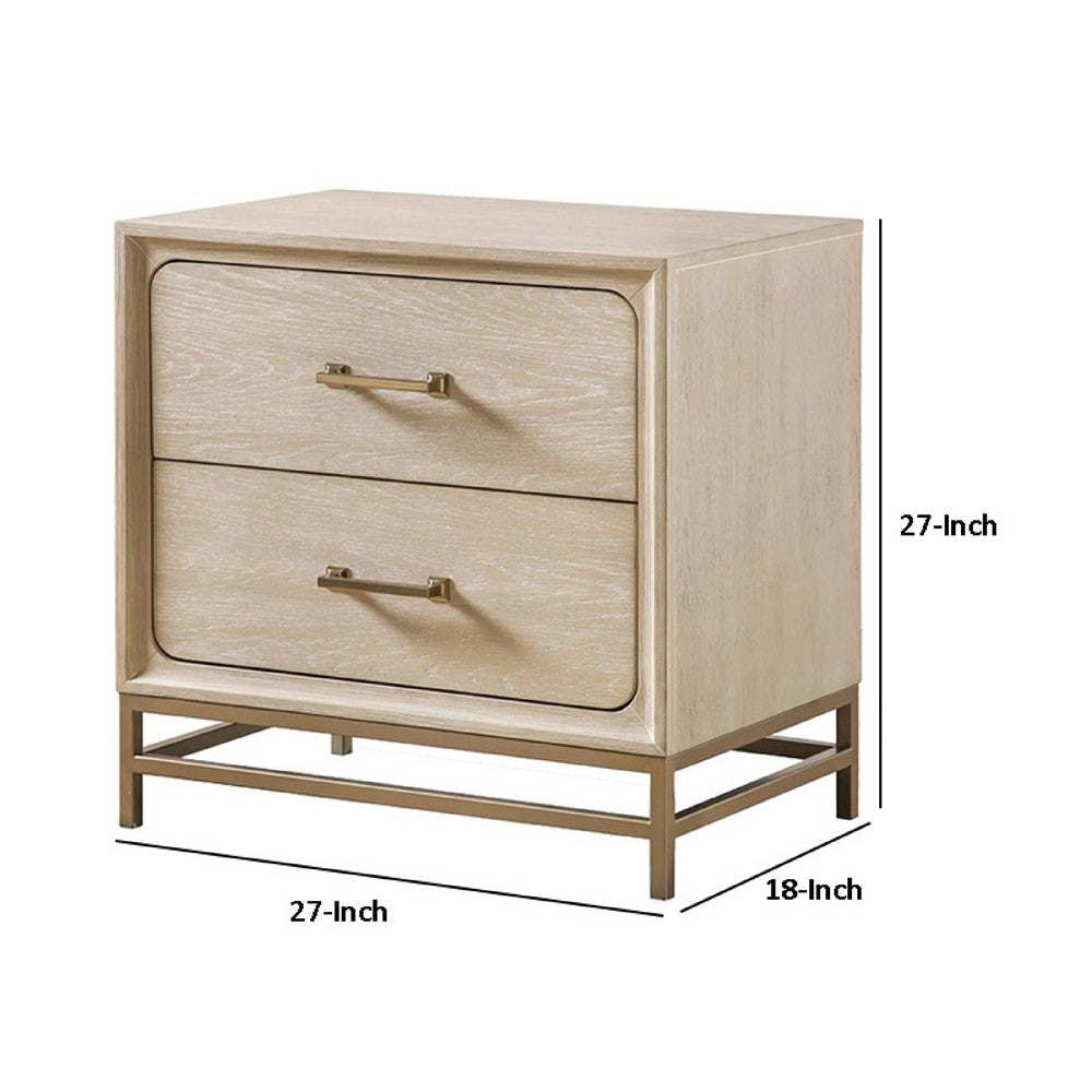 Rozie Nightstand | 2 Drawers | Metal Legs | Light Oak Brown Wood 27"