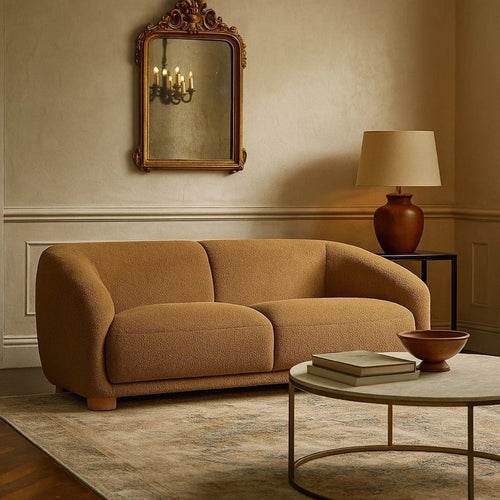 Oliver Loveseat with Round Back and Sloped Arms | Brown Boucle 68"