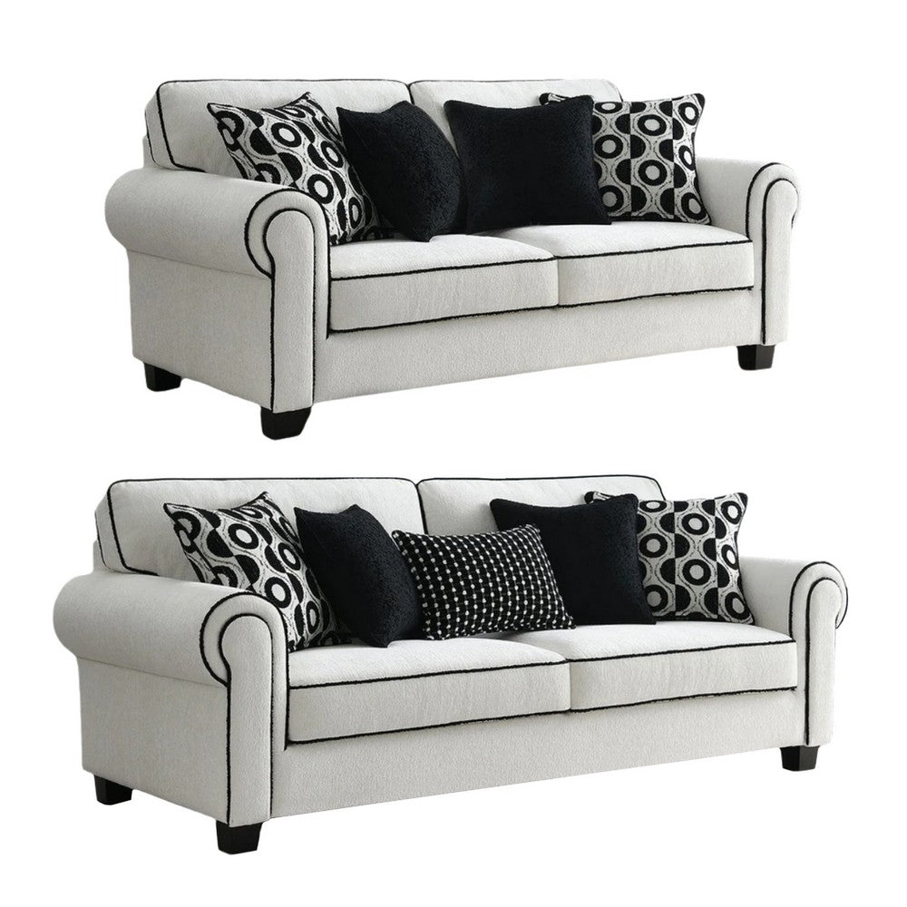 Viani Sofa and Loveseat Set | Rolled Arms | 9 Pillows | White Chenille
