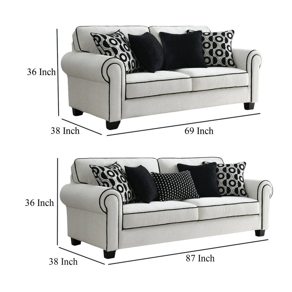 Viani Sofa and Loveseat Set | Rolled Arms | 9 Pillows | White Chenille