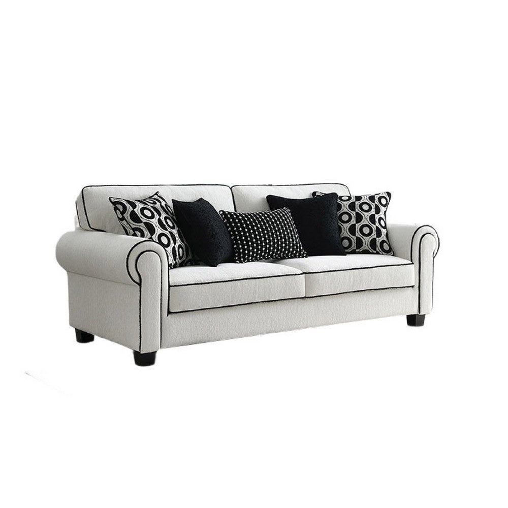 Viani Loveseat with Rolled Arms | 4 Pillows | White Chenille | 69"