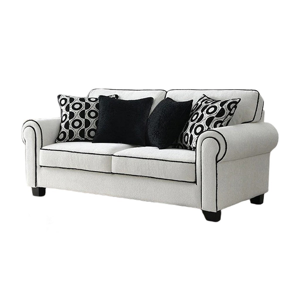 Viani Loveseat with Rolled Arms | 4 Pillows | White Chenille | 69"