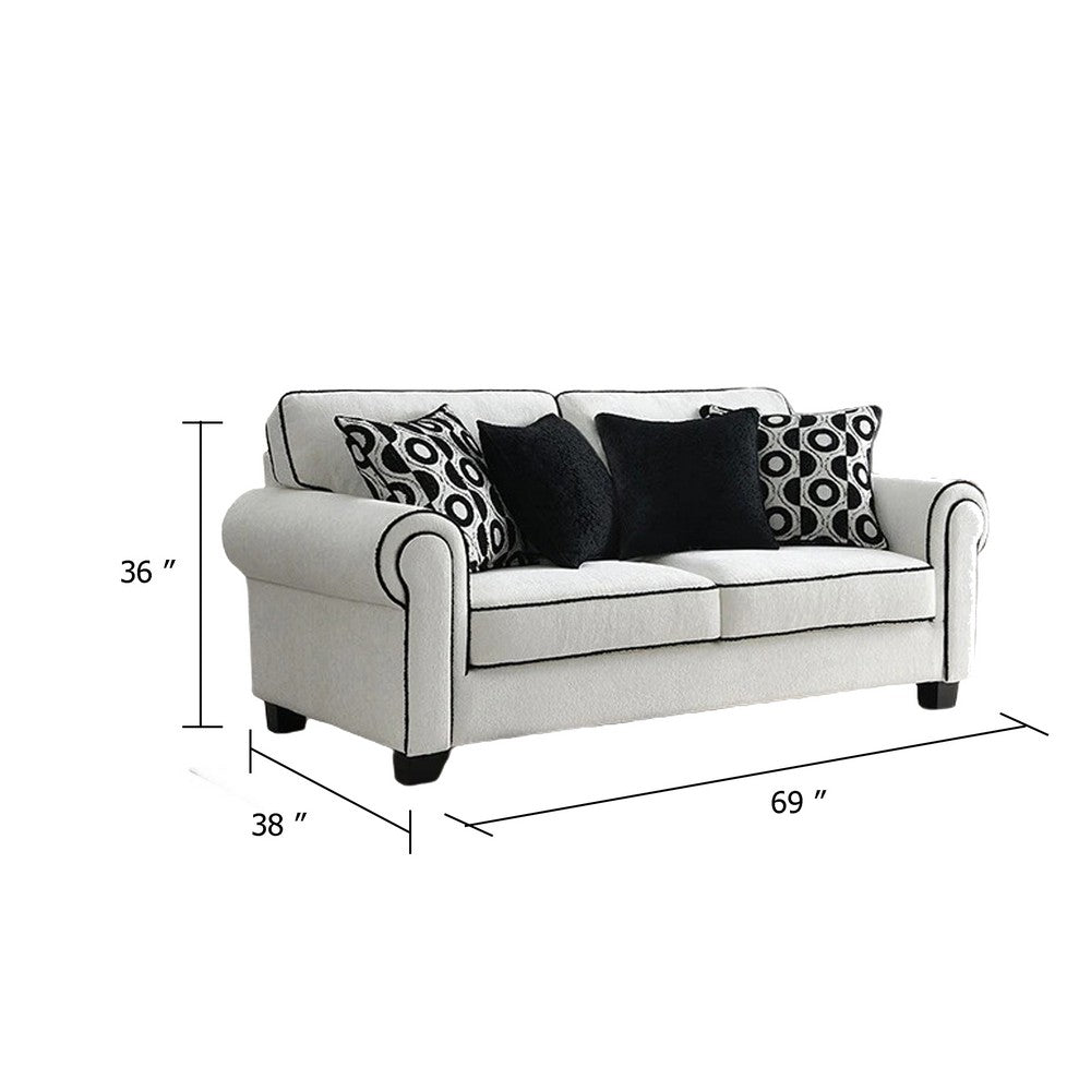 Viani Loveseat with Rolled Arms | 4 Pillows | White Chenille | 69"
