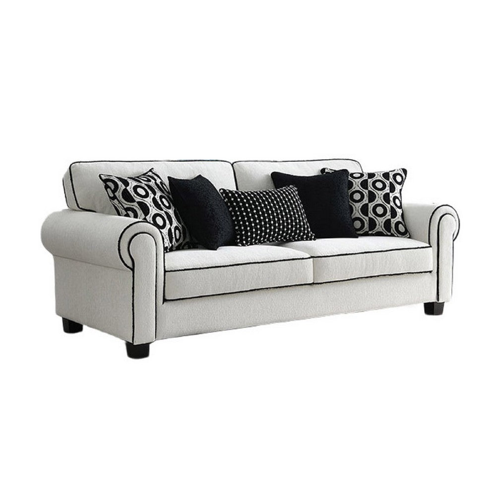 Viani Sofa | Roll Arms | Flange Trim | 5 Pillows | White Chenille 87"