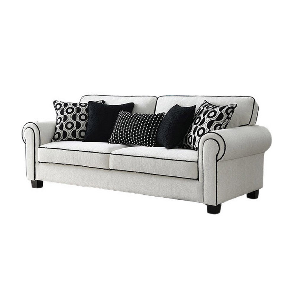 Viani Sofa | Roll Arms | Flange Trim | 5 Pillows | White Chenille 87"
