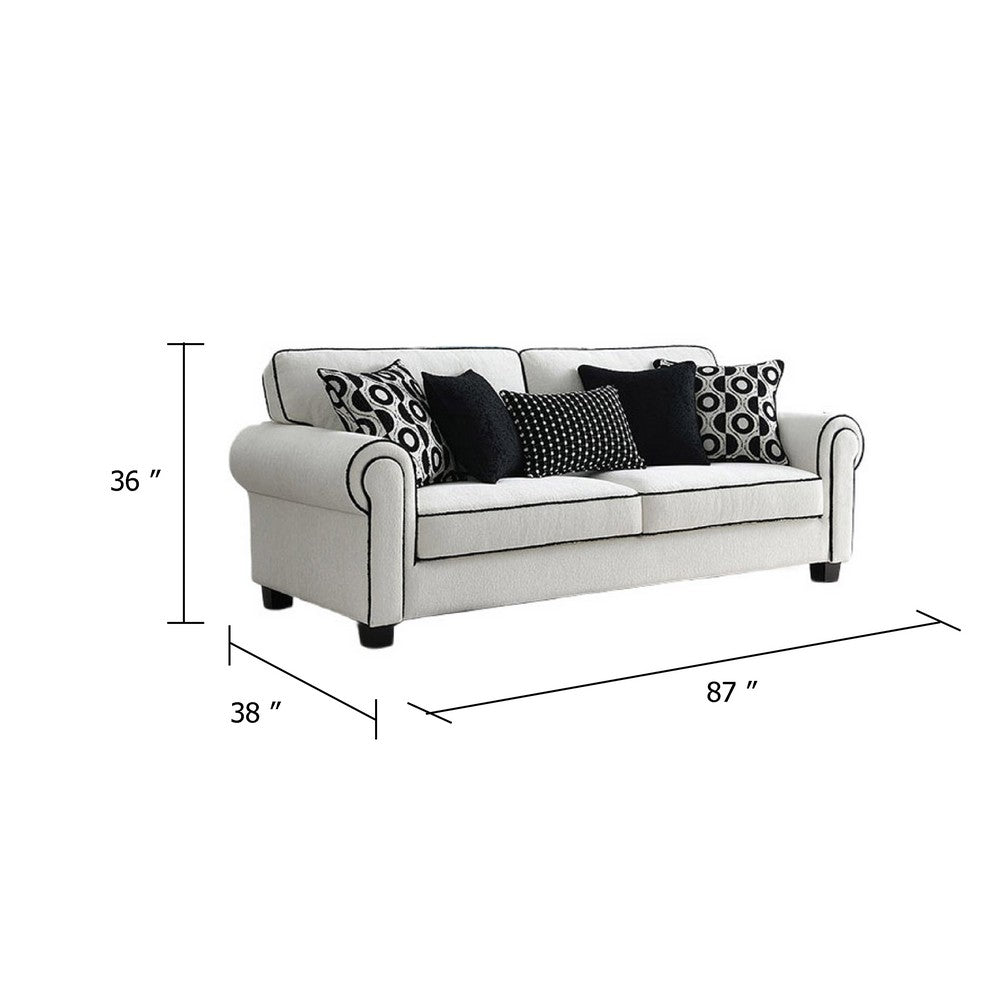 Viani Sofa | Roll Arms | Flange Trim | 5 Pillows | White Chenille 87"