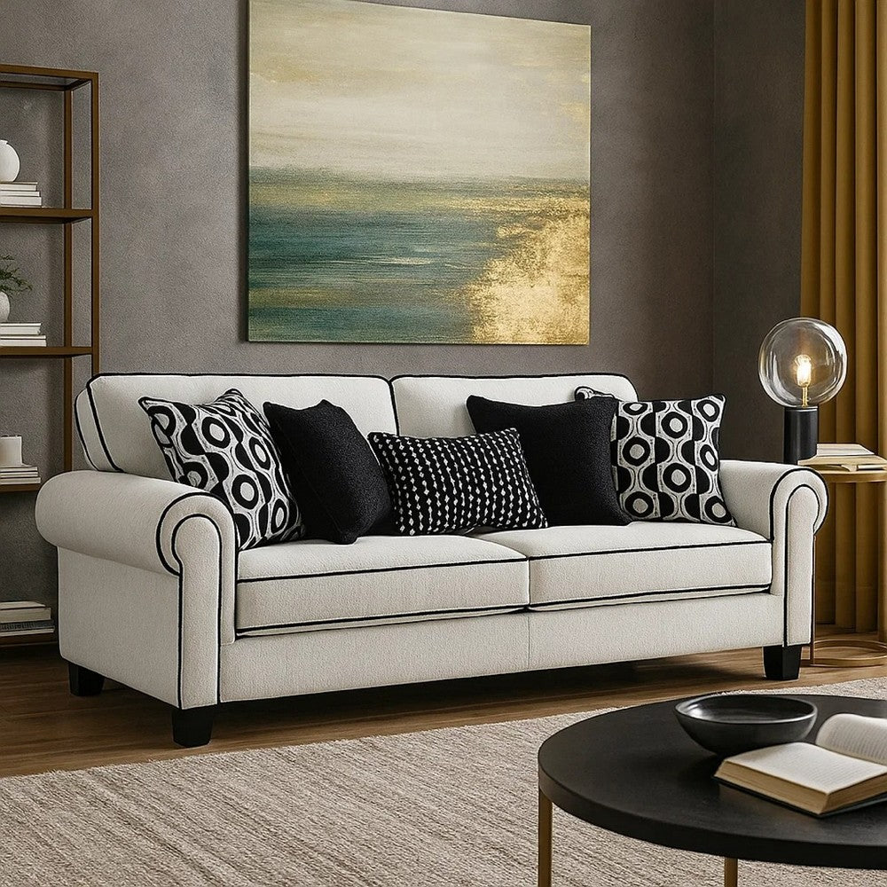 Viani Sofa | Roll Arms | Flange Trim | 5 Pillows | White Chenille 87"