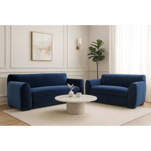 Sero 2pc Sofa and Loveseat Set | Bench Style Seat | Royal Blue Velvet