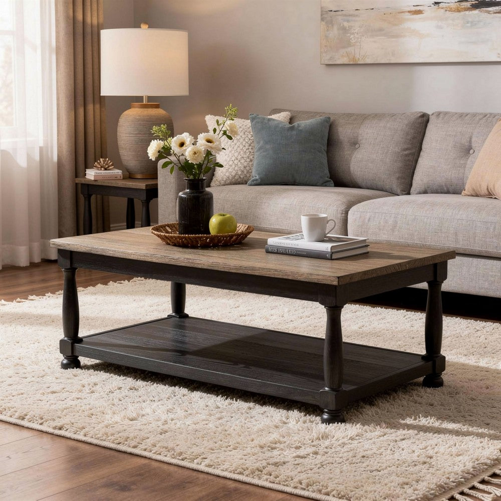 Ginie Coffee Table | Rustic Black and Brown Solid Rubberwood | 48"