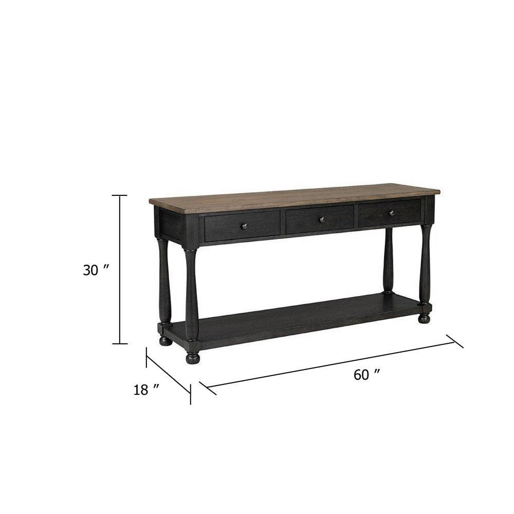 Ginie Sofa Table | 3 Drawers | Black Brown Solid Rubberwood | 60"