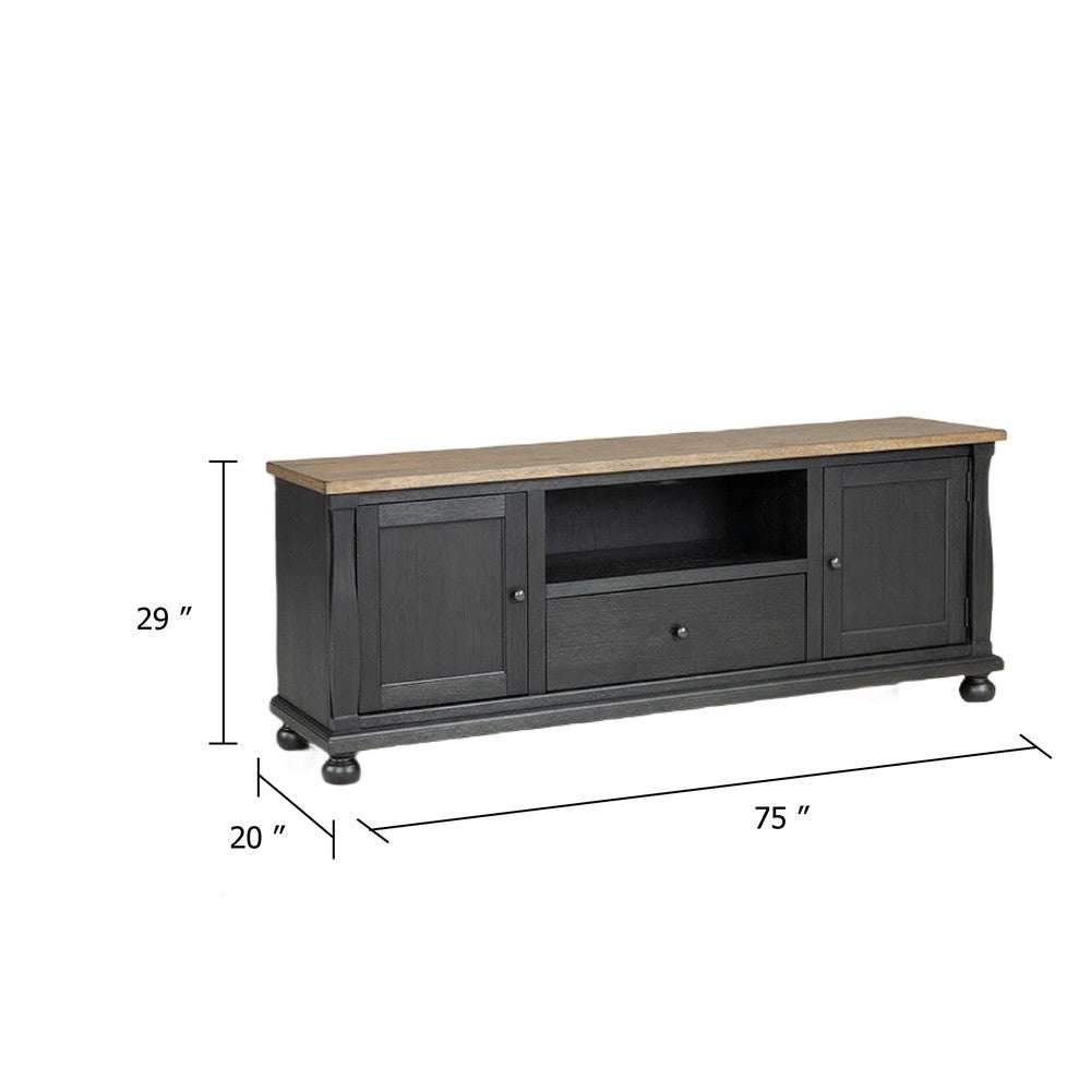Ginie TV Stand Media Cabinet | Rustic Black and Brown Rubberwood | 75"