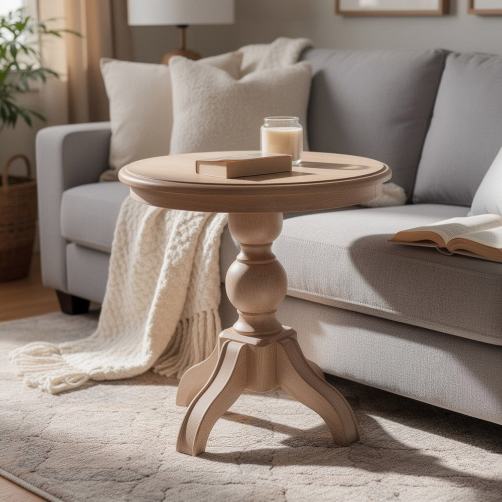 Cherie Round End Table | Light White Washed Solid Rubberwood | 24"