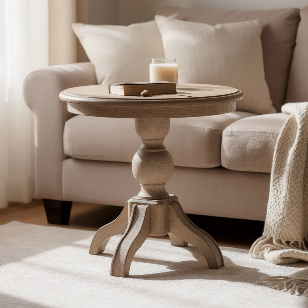Cherie Round End Table | Light White Washed Solid Rubberwood | 24"
