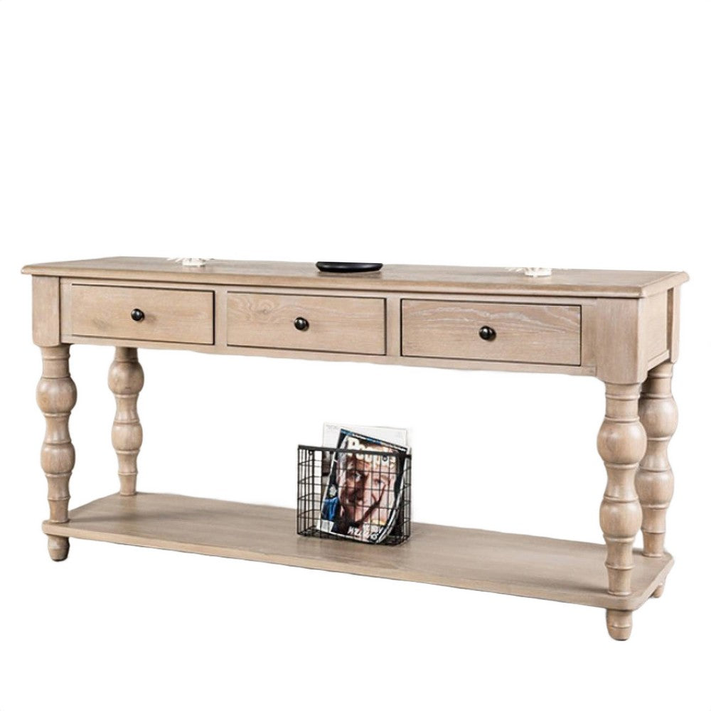 Cherie Sofa Table | 3 Drawers | Shelf | Light White Washed Wood | 64"