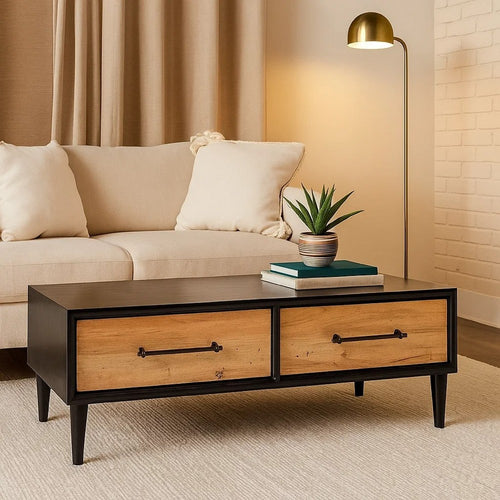 Lucas Coffee Table | 2 Drawers | Brown | Black Solid Rubberwood | 52"