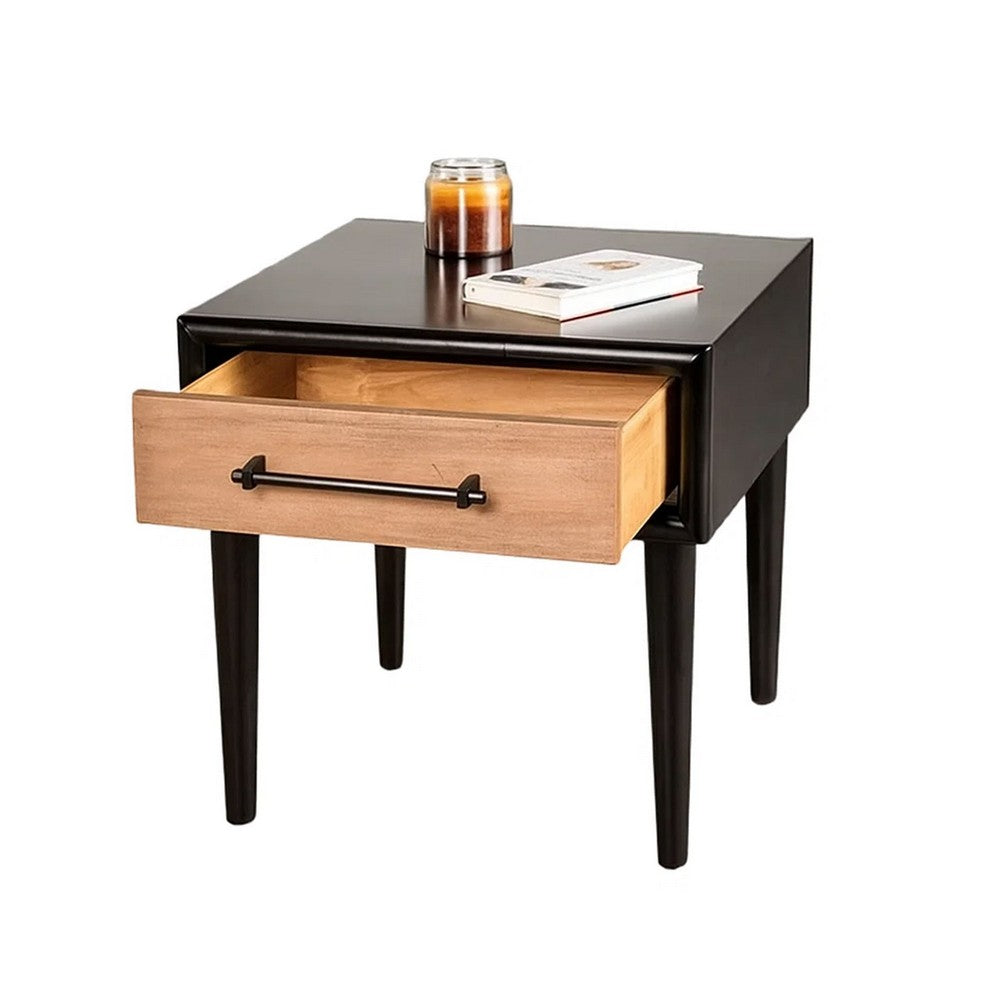 Lucas Side End Table | 1 Drawer | Brown | Black Solid Rubberwood | 24"