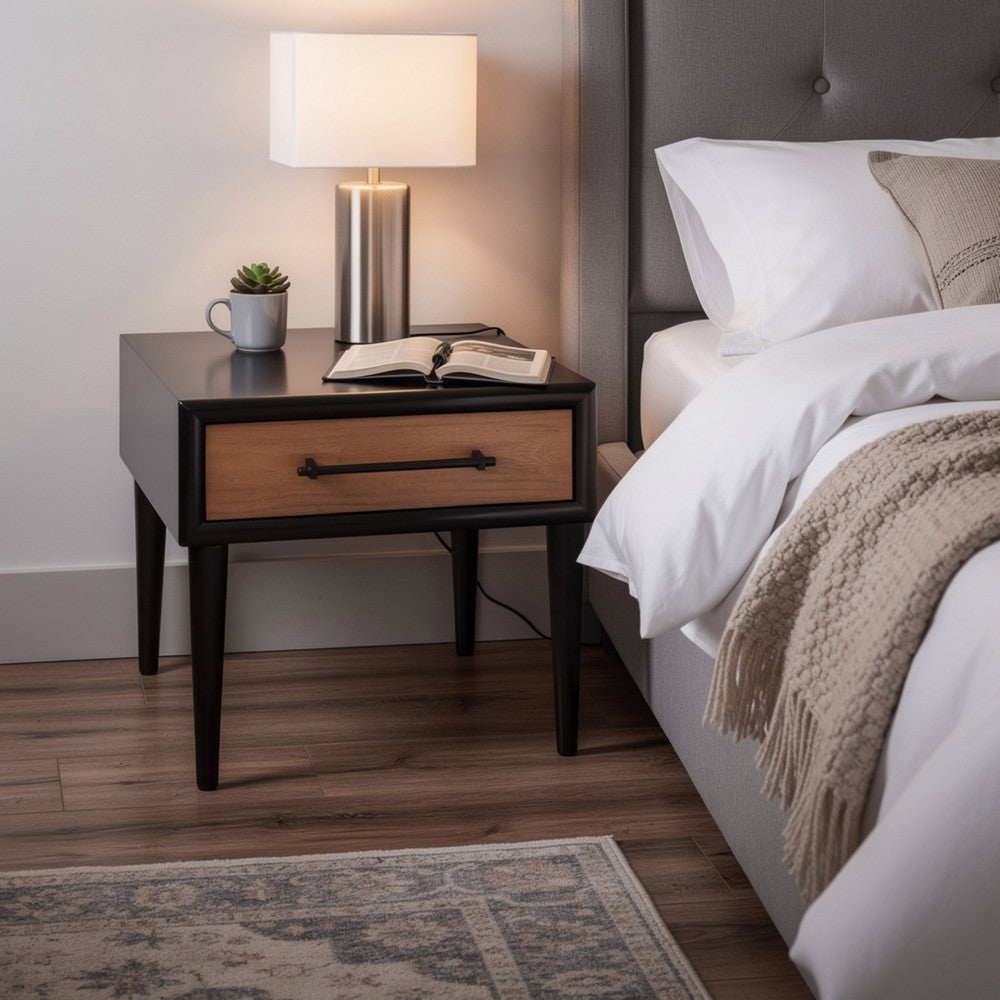 Lucas Side End Table | 1 Drawer | Brown | Black Solid Rubberwood | 24"