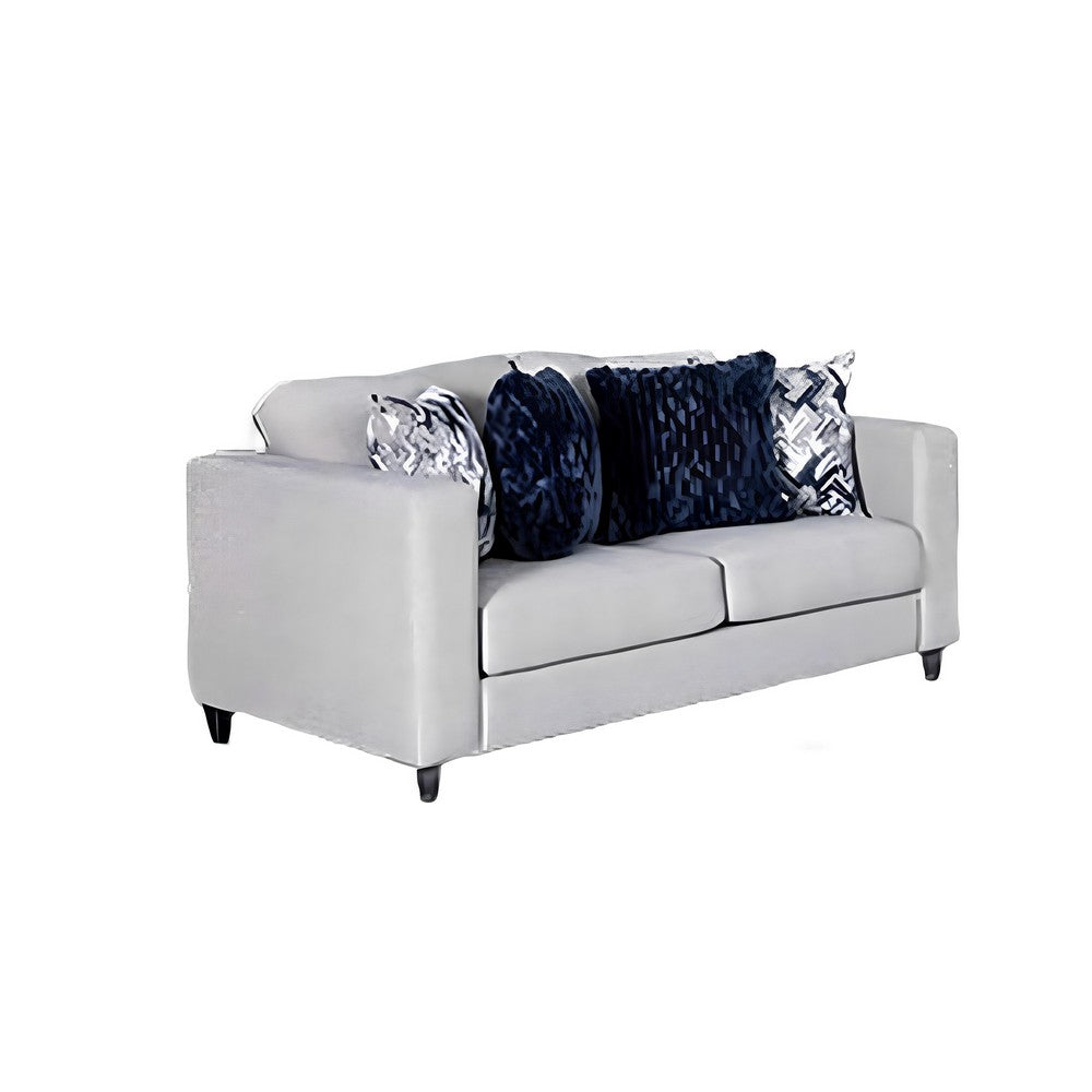 Harie Loveseat | 4 Blue Throw Pillows | Light Gray Chenille| 67"