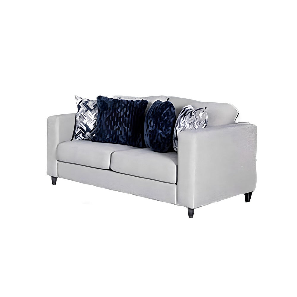 Harie Loveseat | 4 Blue Throw Pillows | Light Gray Chenille| 67"