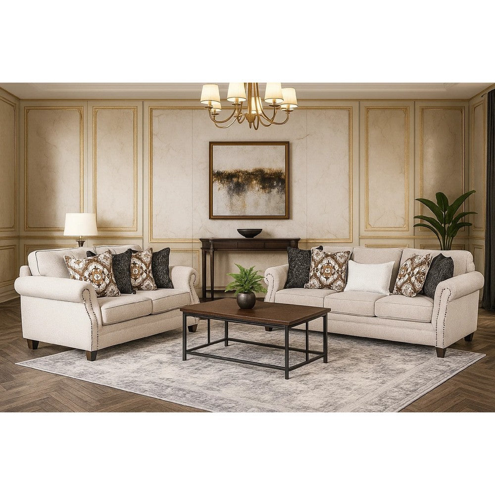 Serra Sofa | 5 Accent Throw Pillows | Soft Greige Polyester | 87"