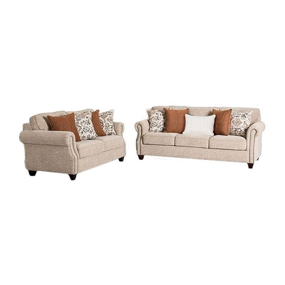 Bonie Loveseat | 4 Pillows | Taupe Brown Polyester Rolled Arms | 67"
