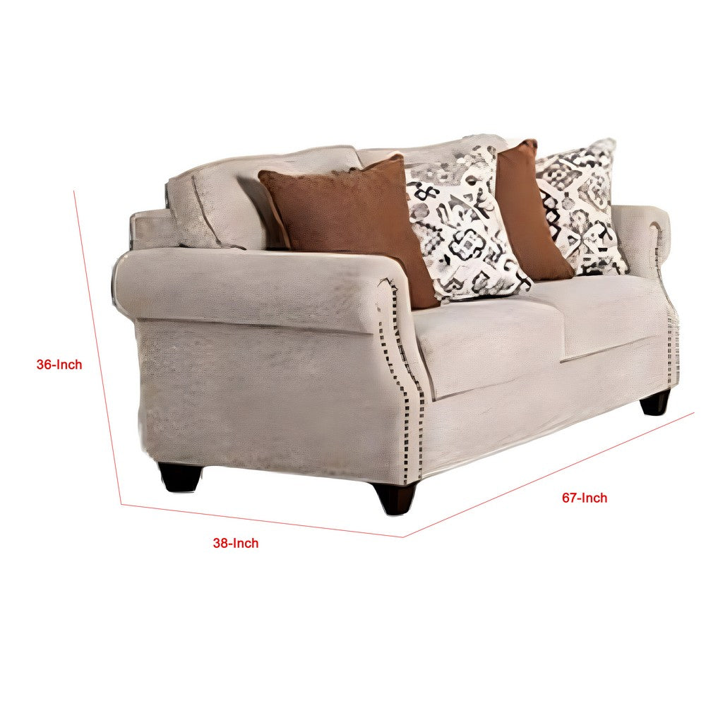 Bonie Loveseat | 4 Pillows | Taupe Brown Polyester Rolled Arms | 67"