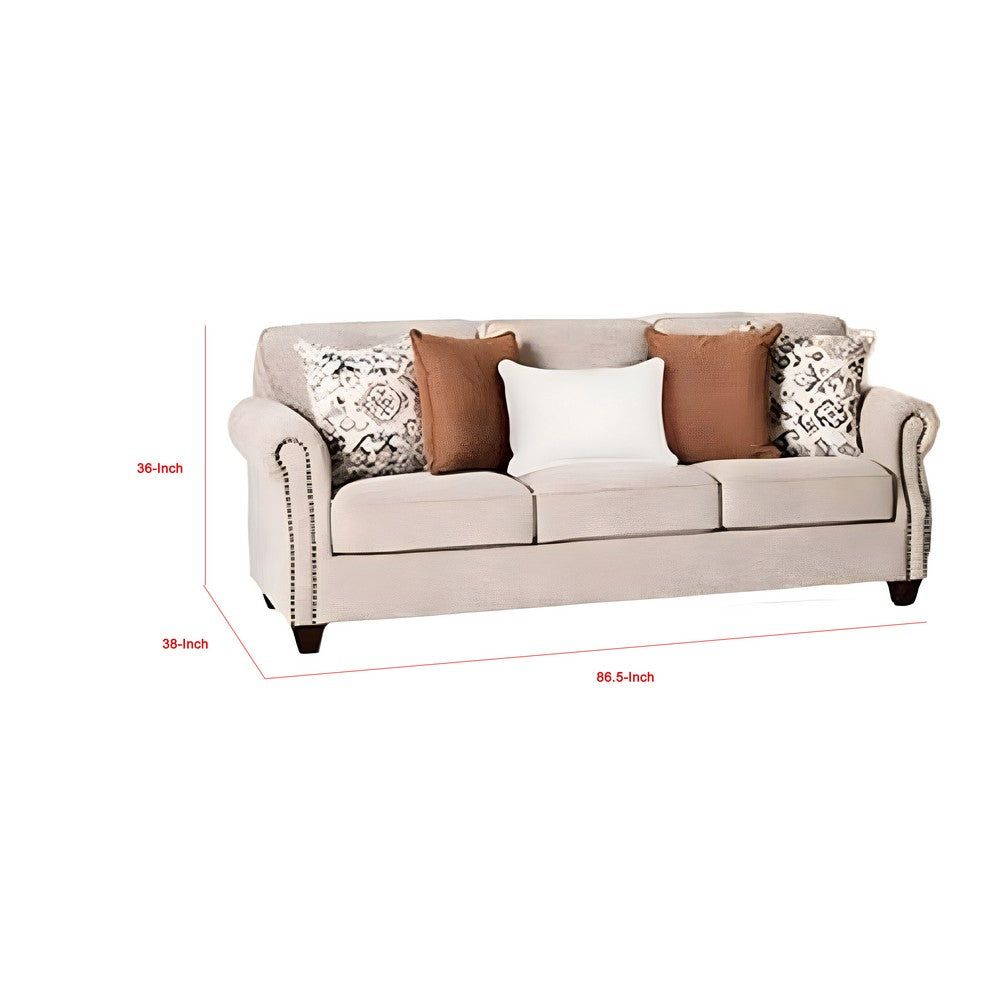 Bonie Sofa | 5 Pillows | Rolled Arms | Taupe Brown Polyester | 87"