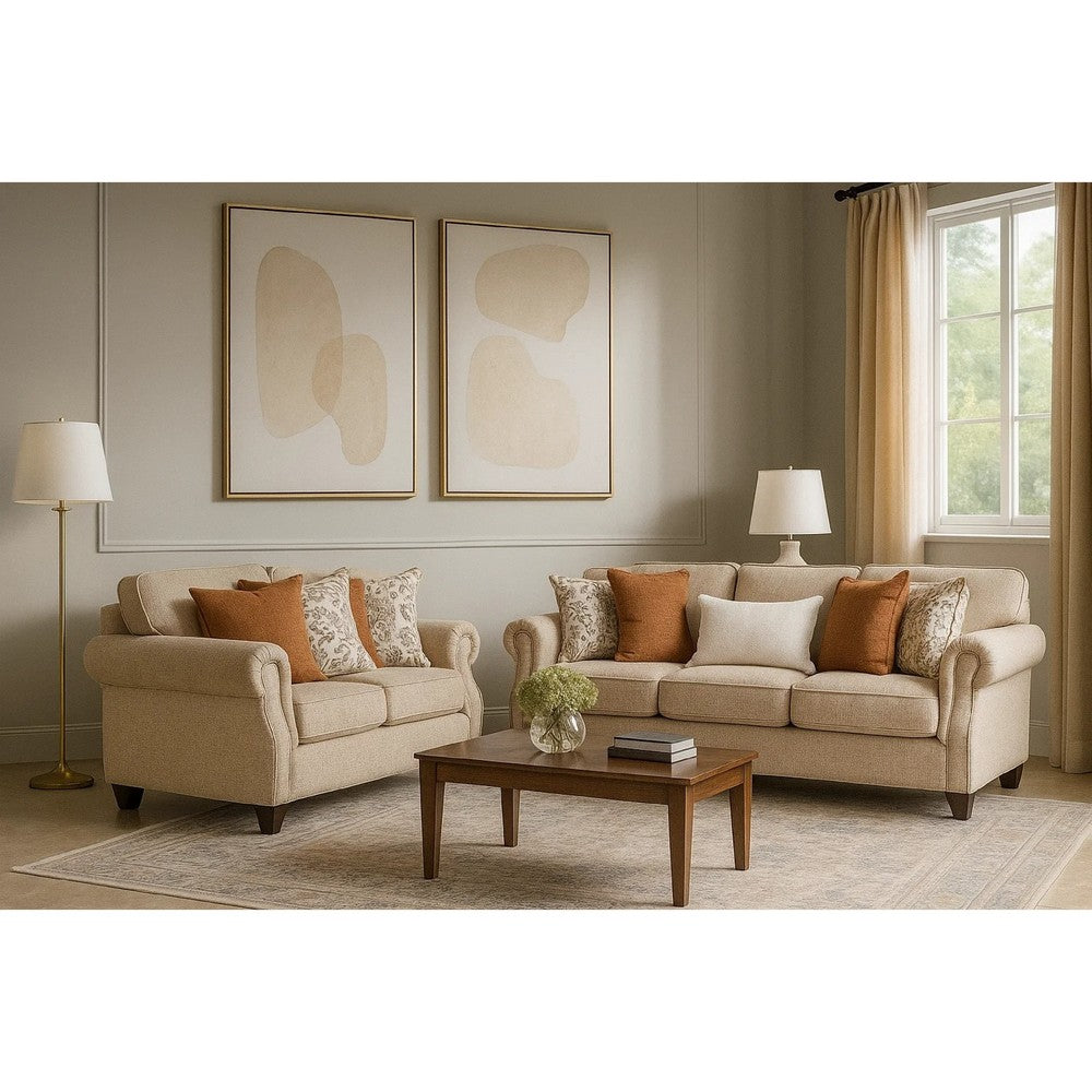 Bonie Sofa | 5 Pillows | Rolled Arms | Taupe Brown Polyester | 87"