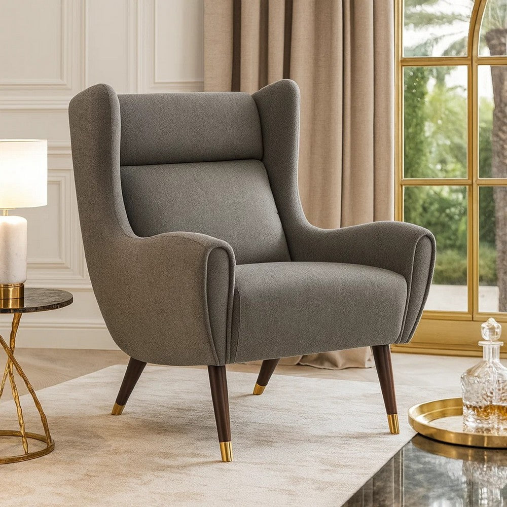 Koi Wingback Accent Chair | Textured Gray Polyester | Brown Solid Wood