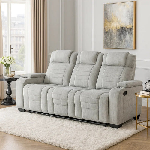 Reno 3 Seater Manual Reclining Sofa | USB | LED | Foam Fill Gray Microfiber