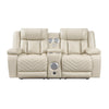 Hem Power Reclining Loveseat | Speakers & Console | Beige Faux Leather