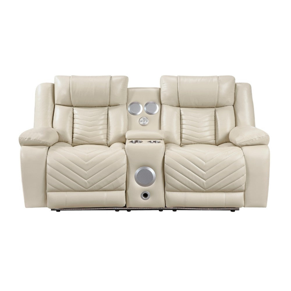 Hem Power Reclining Loveseat | Speakers & Console | Beige Faux Leather
