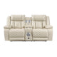Hem Power Reclining Loveseat | Speakers & Console | Beige Faux Leather