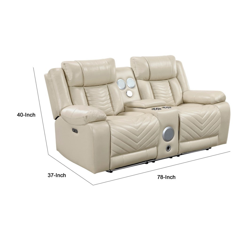 Hem Power Reclining Loveseat | Speakers & Console | Beige Faux Leather