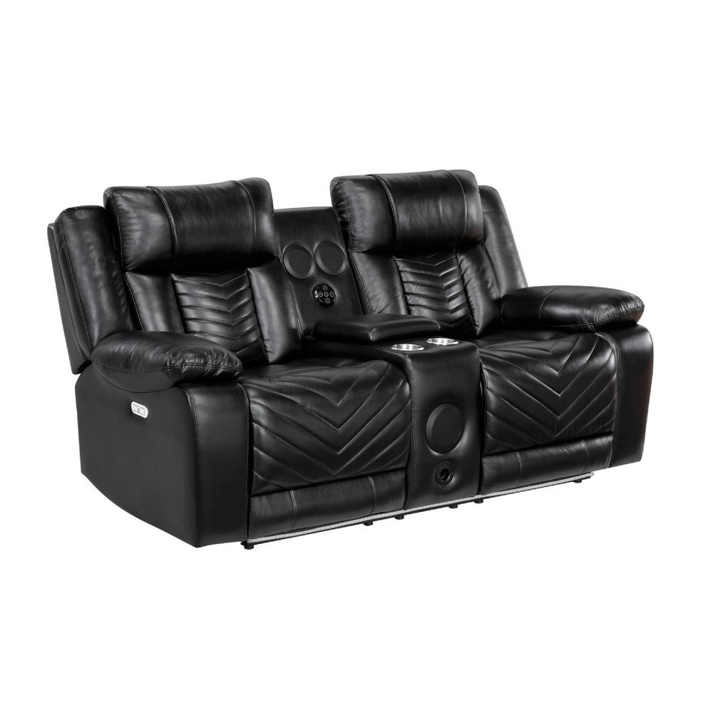 Hem Power Reclining Loveseat | Speakers & Console | Black Faux Leather