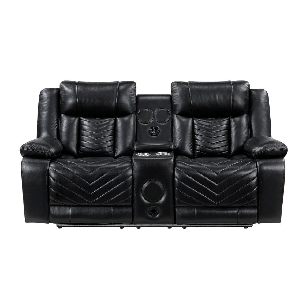 Hem Power Reclining Loveseat | Speakers & Console | Black Faux Leather