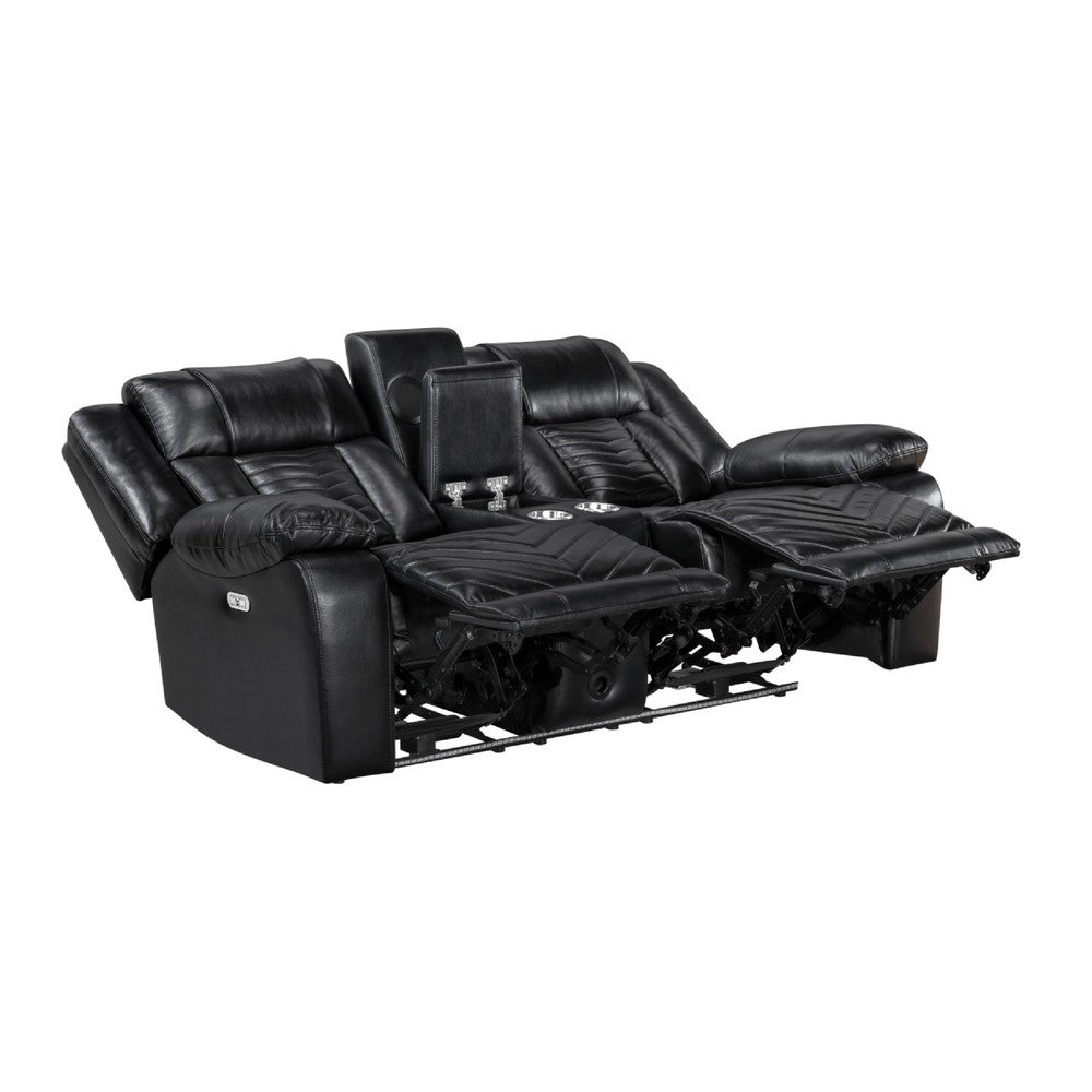 Hem Power Reclining Loveseat | Speakers & Console | Black Faux Leather