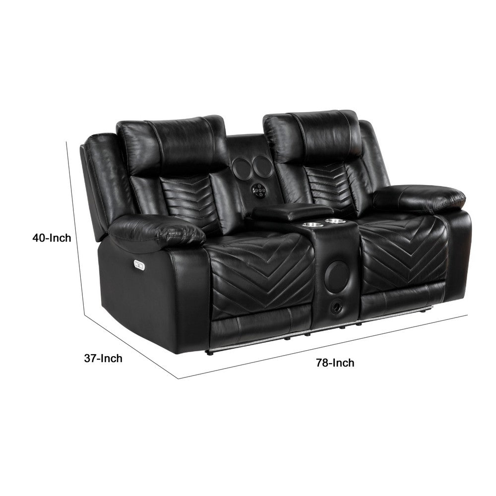Hem Power Reclining Loveseat | Speakers & Console | Black Faux Leather