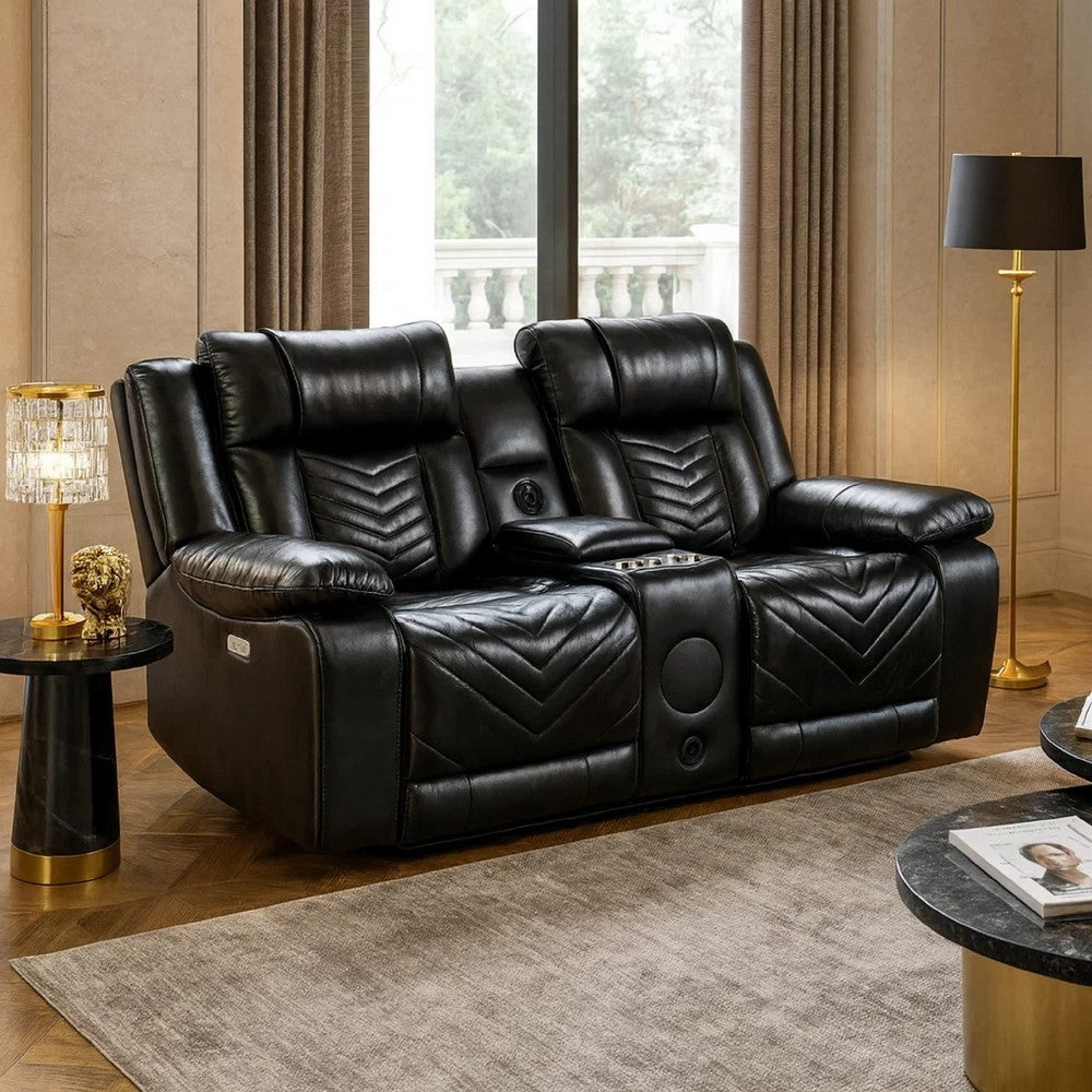 Hem Power Reclining Loveseat | Speakers & Console | Black Faux Leather