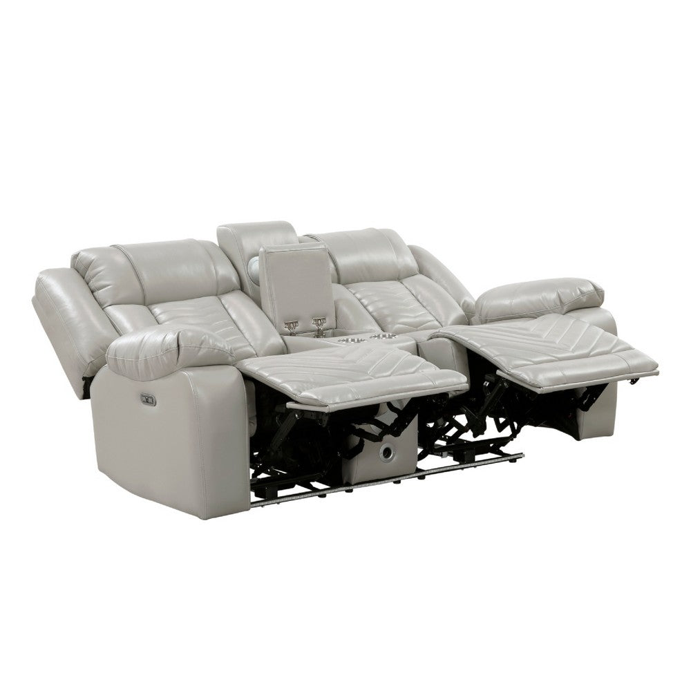 Hem Power Reclining Loveseat | Speakers & Console | Gray Faux Leather
