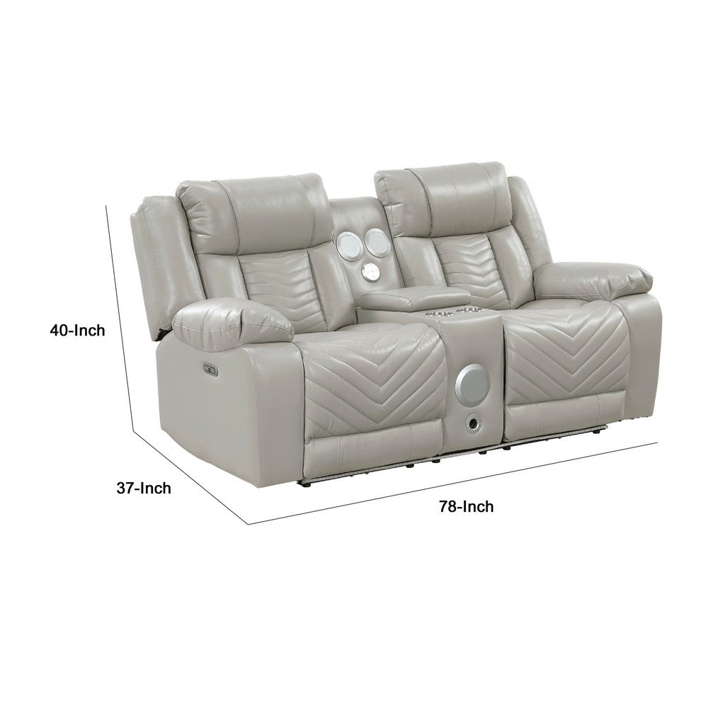 Hem Power Reclining Loveseat | Speakers & Console | Gray Faux Leather