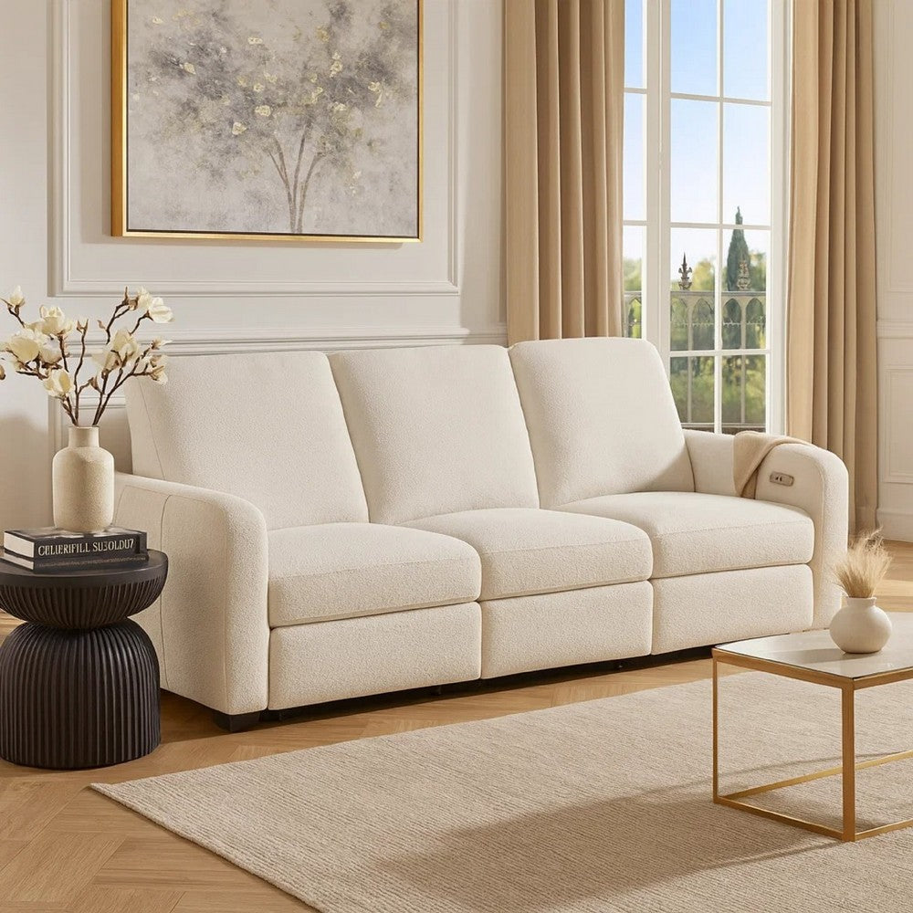 Seira 3 Seater Power Reclining Sofa w USB | Beige Chenille | Black Wood
