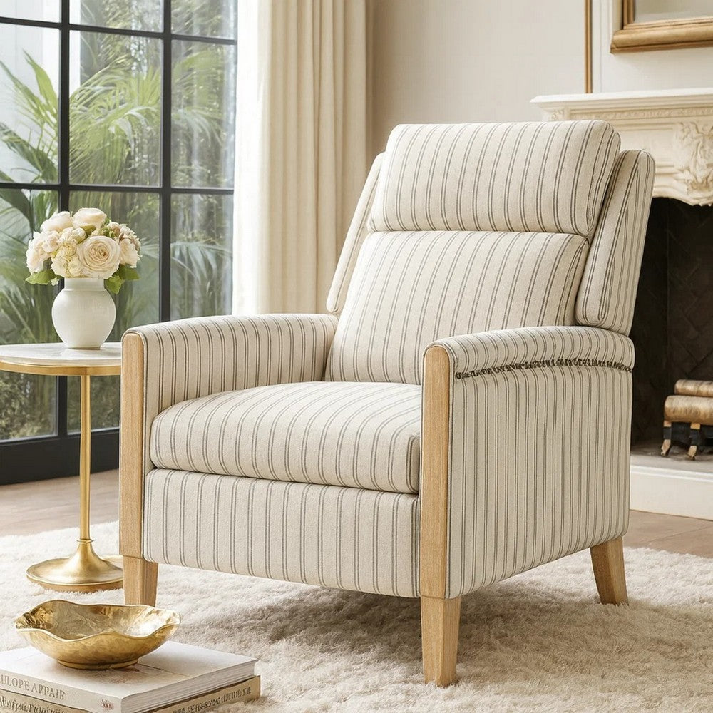 Bex Manual Push Back Recliner Club Chair | White Gray Striped Polyester