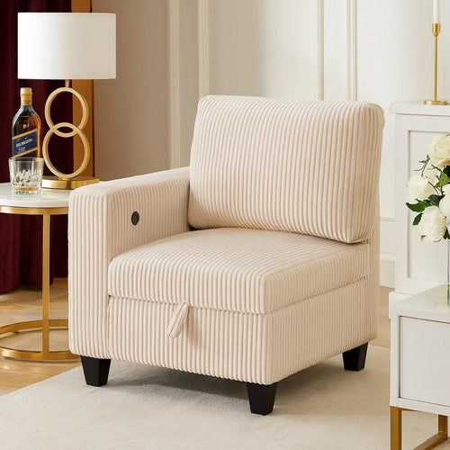 Wely Modular 1 Arm Chair w Lift Storage Seat | USB Ports | Beige Corduroy