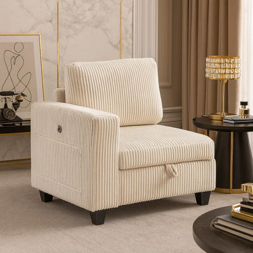 Wely Modular 1 Arm Chair w Lift Storage | USB Ports | Light Beige Corduroy