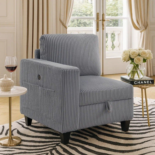 Wely Modular 1 Arm Chair w Lift Storage | USB Ports | Dark Gray Corduroy